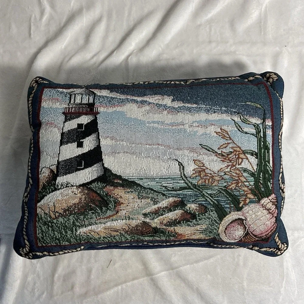 Woven Light House Ropes Sea Shore Blue Tapestry Pillow 17